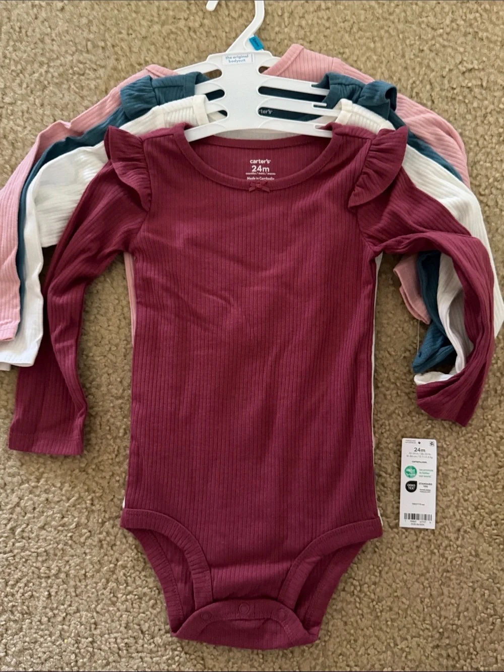 Carter's Long-Sleeve Ribbed One-Piece Bodysuits in Burgundy, Pink, Teal, White